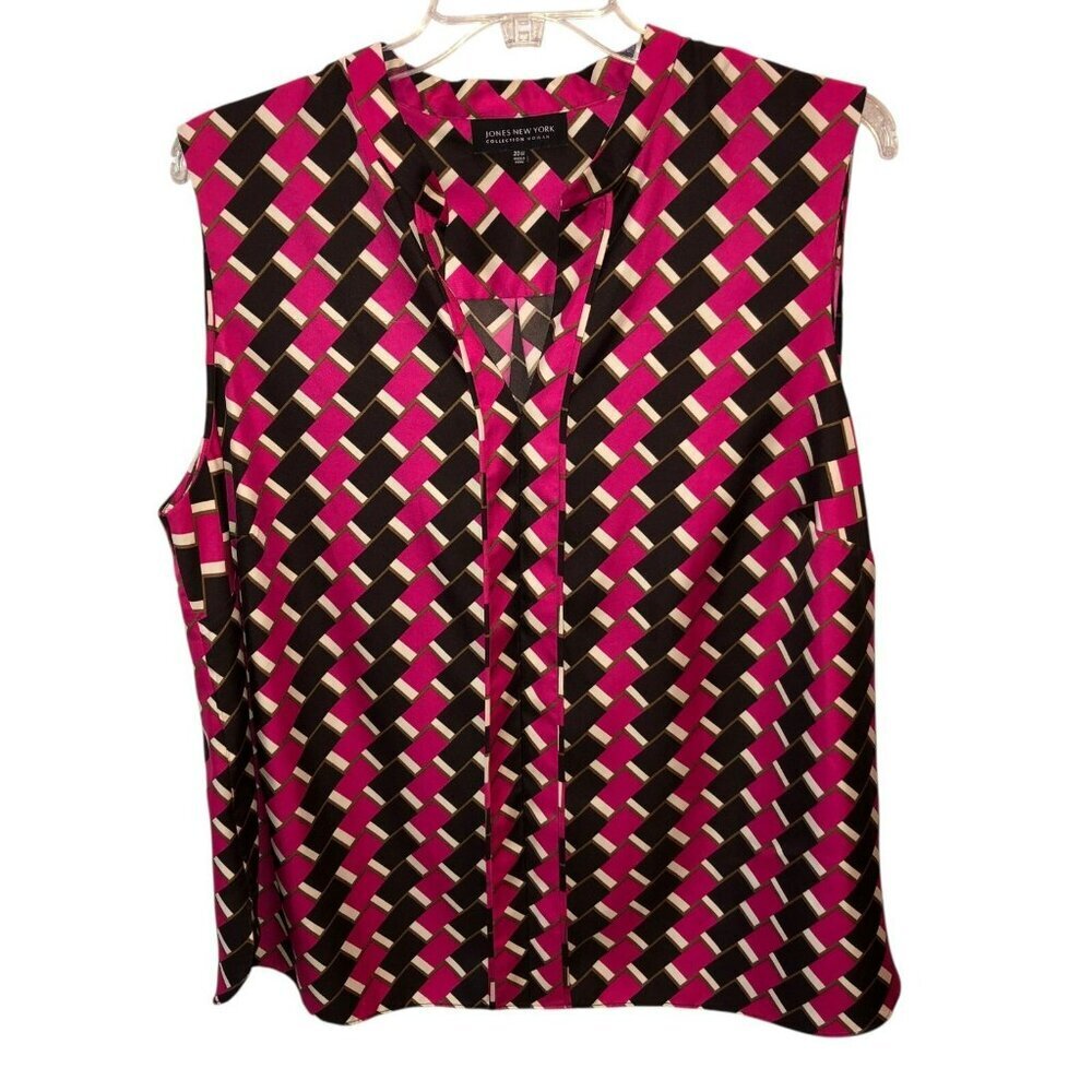 Jones New York Womens 20 W Black Pink Weave Print Sleeveless Top Shirt Blouse